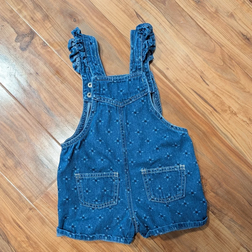 Tommy‎ Hilfiger Girl's Denim Shortalls Ruffle Floral Print Jean Bibs 24M Toddler